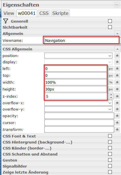 Einstellungen der View für die Navigation