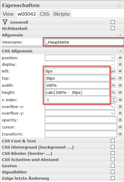 Einstellung der View für den Inhalt