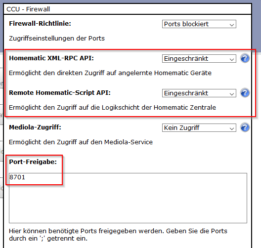 Empfohlene Firewall Einstellung für HomeMatic